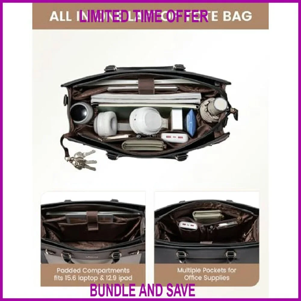 17 Inch Laptop Tote Bag, PU Leather Work Briefcase with Padded Compartment